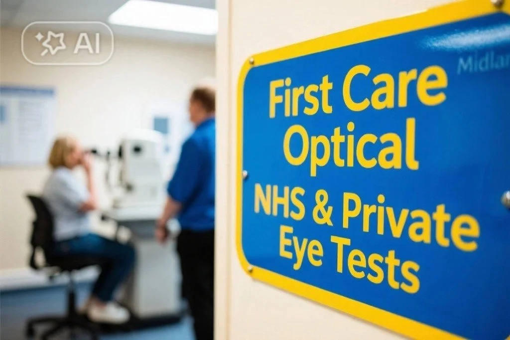 Sign for First Care Optical, NHS & Private Eye Tests with a blurred scene of an eye examination in the background.