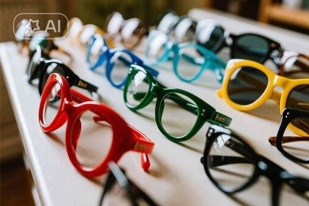 A collection of colorful eyeglasses on display on a white surface.