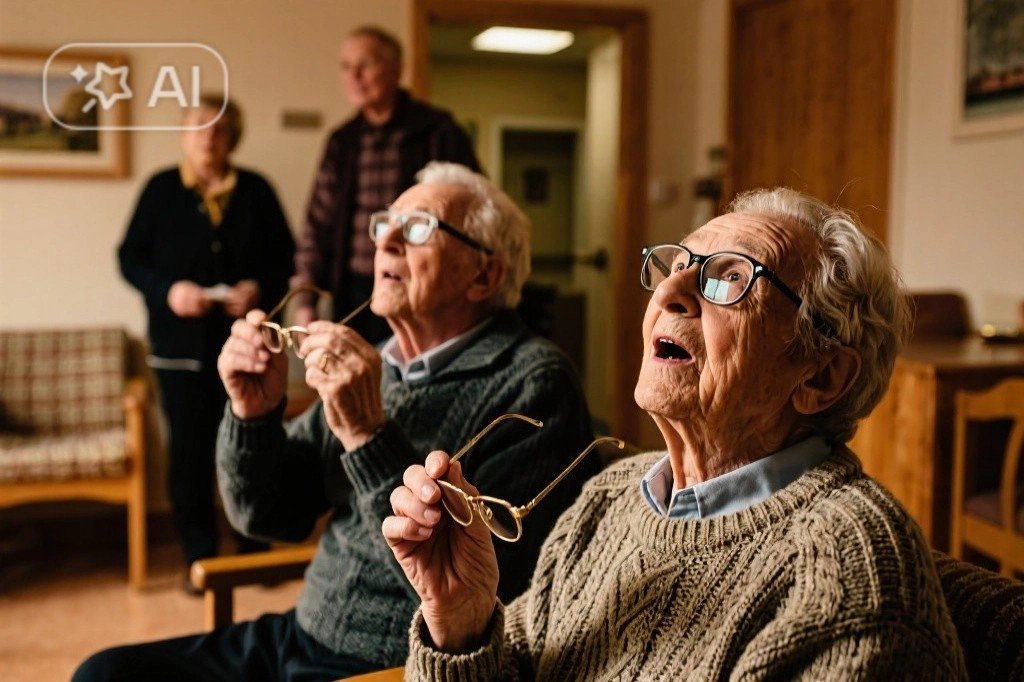 Two elderly men with glasses sitting in a room, looking up with surprised expressions, holding their glasses. Two other elderly people in the background standing and talking.