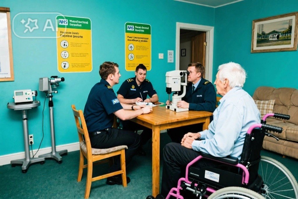 Medical professionals conducting an eye examination on an elderly man in a wheelchair at a clinic. The room has blue walls, medical posters, and a framed picture, with ophthalmic equipment on the table and stands nearby.