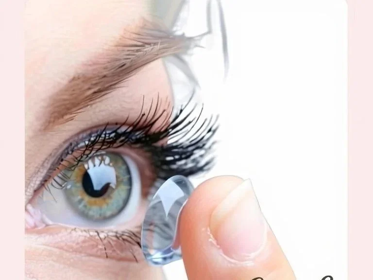 Close-up of a person's eye with makeup and long eyelashes, applying a contact lens with a finger.
