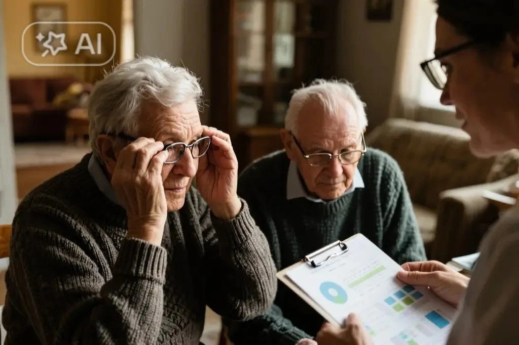 Two elderly men with glasses sitting at a table, looking serious, as a woman shows them a clipboard with charts in a cozy, well-lit room.