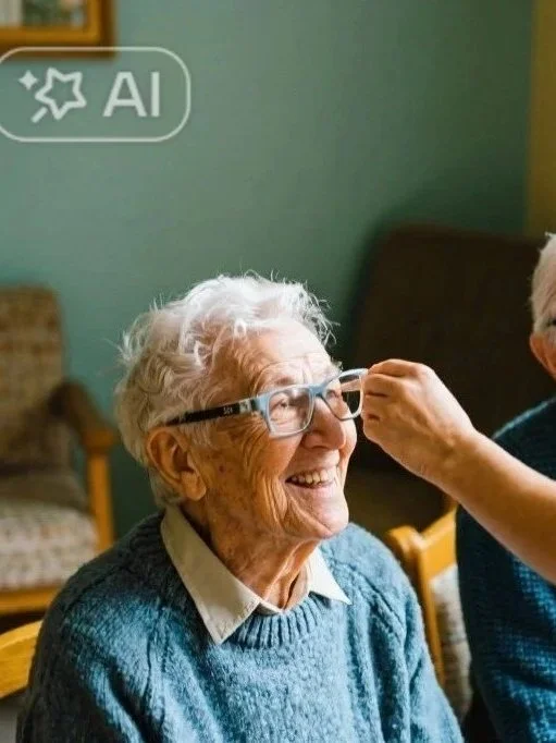 An elderly woman with gray hair and glasses smiling as a person helps her put on or adjust her glasses in a cozy room.