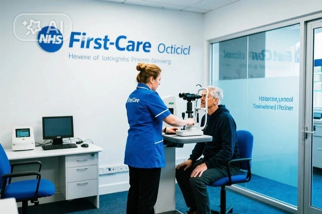 A healthcare professional conducting an eye exam on an elderly man using a slit lamp in a medical clinic. The clinic has NHS signage and medical equipment on a desk.