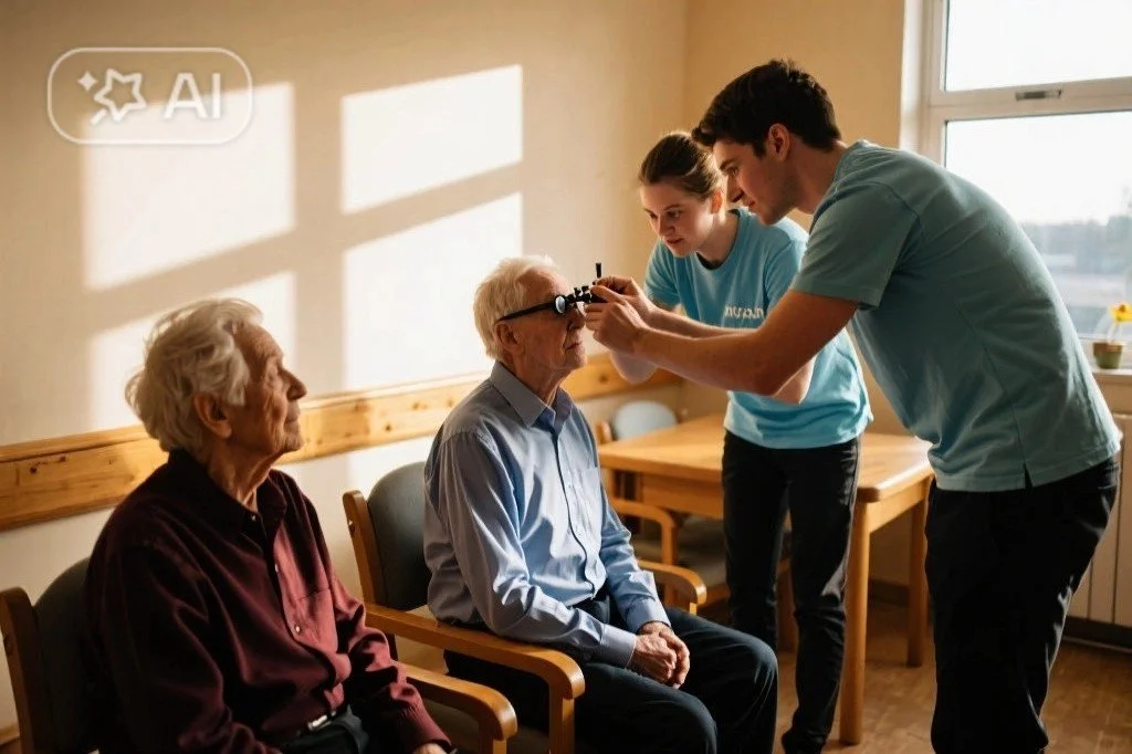 Two young healthcare workers, a man and a woman, assisting an elderly man with eye care, in a brightly lit room with a window and wooden furniture, while an elderly woman sits nearby.