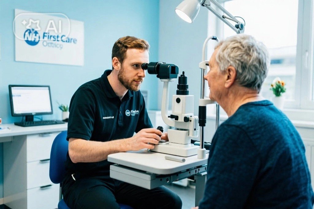 An eye doctor examines an elderly woman's eye using a slit lamp in an optical clinic with a 'First Care Optics' sign on the wall.