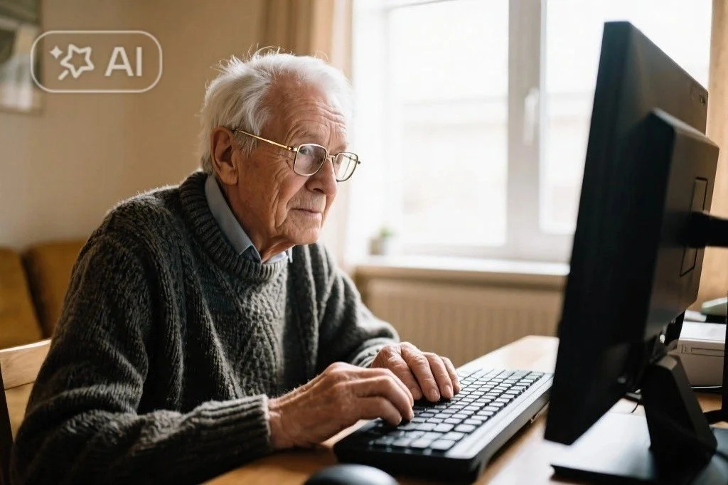 An elderly man wearing glasses and a gray sweater using a desktop computer at home, sitting at a wooden table.