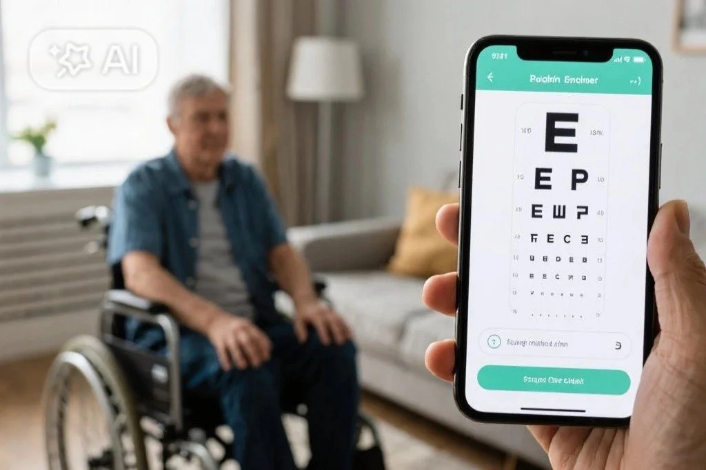 A person holds a smartphone displaying an eye chart used for vision testing with a woman in a wheelchair in the background.