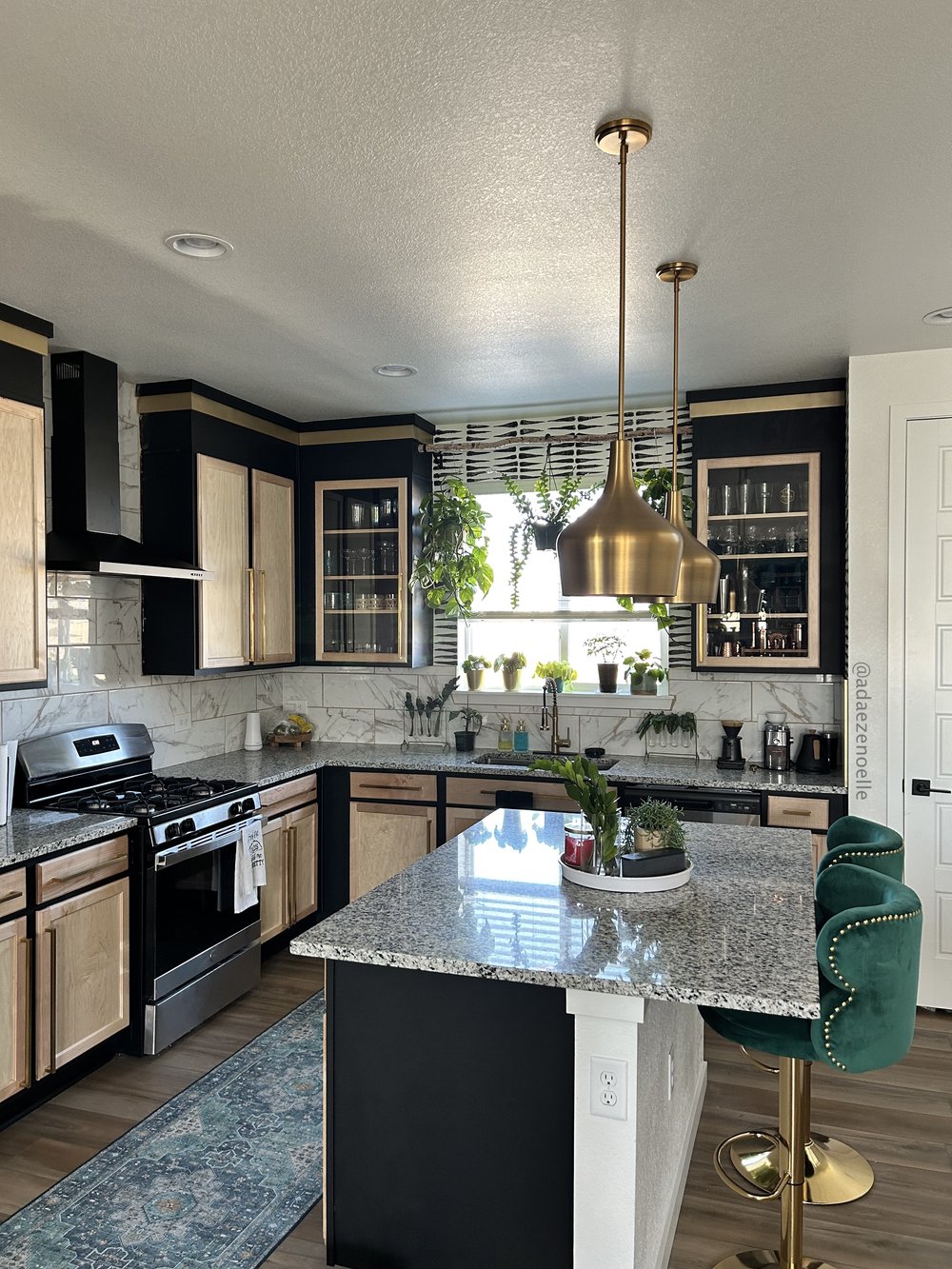 How to take kitchen cabinets up to the ceiling and hand painted African-inspired wallpaper with a DIY plant rack in the kitchen of a new build dream home.