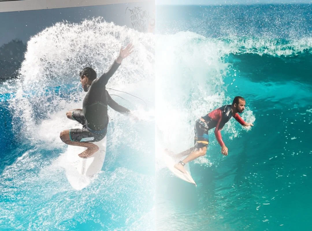 Zwei Bilder in einem: Auf der linken Seite ein Surfer auf der Indoor-Surfwelle und auf der rechten Seite ein Surfer auf einer offenen Welle im Meer.