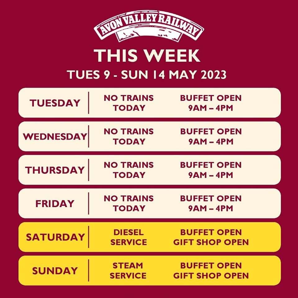 The remainder of the week at the AVR:

The Buffet is open daily (even when trains aren't running) serving a wide range of hot and cold food and drink. 

Our next train running days are on Saturday and Sunday, with diesel running on Saturday and Steam