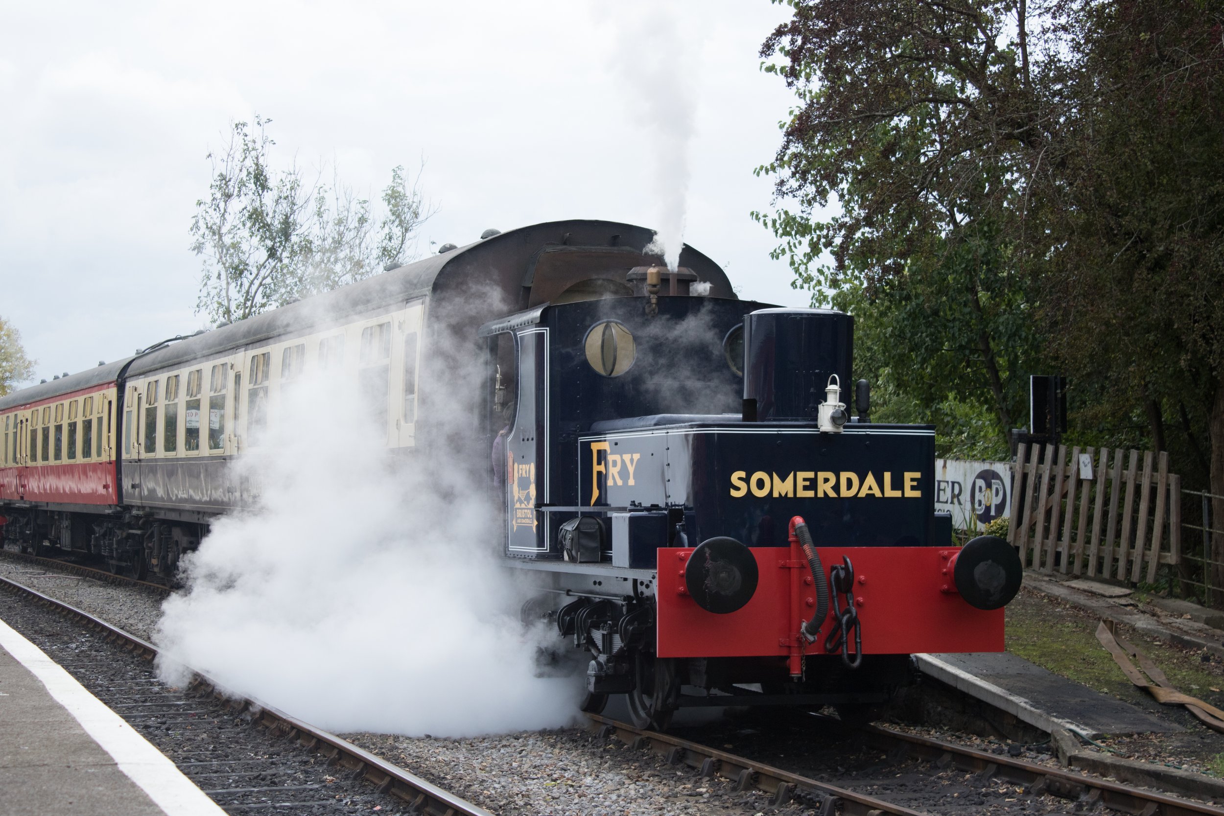  The Sentinel waits to depart Bitton with a 2 coach train on 17th October 2020.  