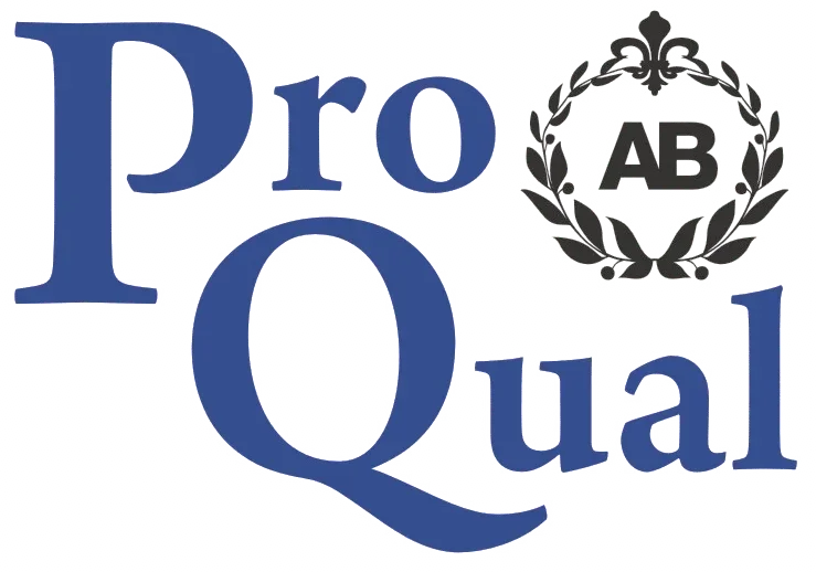Text reading 'Pro Qual' with a decorative emblem containing the letters 'AB' surrounded by a laurel wreath.
