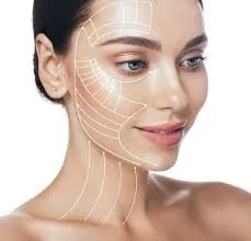 A woman with makeup and facial markings illustrating a cosmetic procedure on her face and neck.