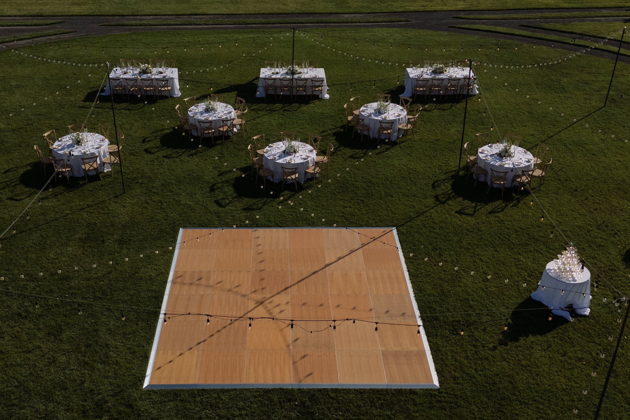 18'x18' Light Wood Dance Floor, outdoor wedding reception.  