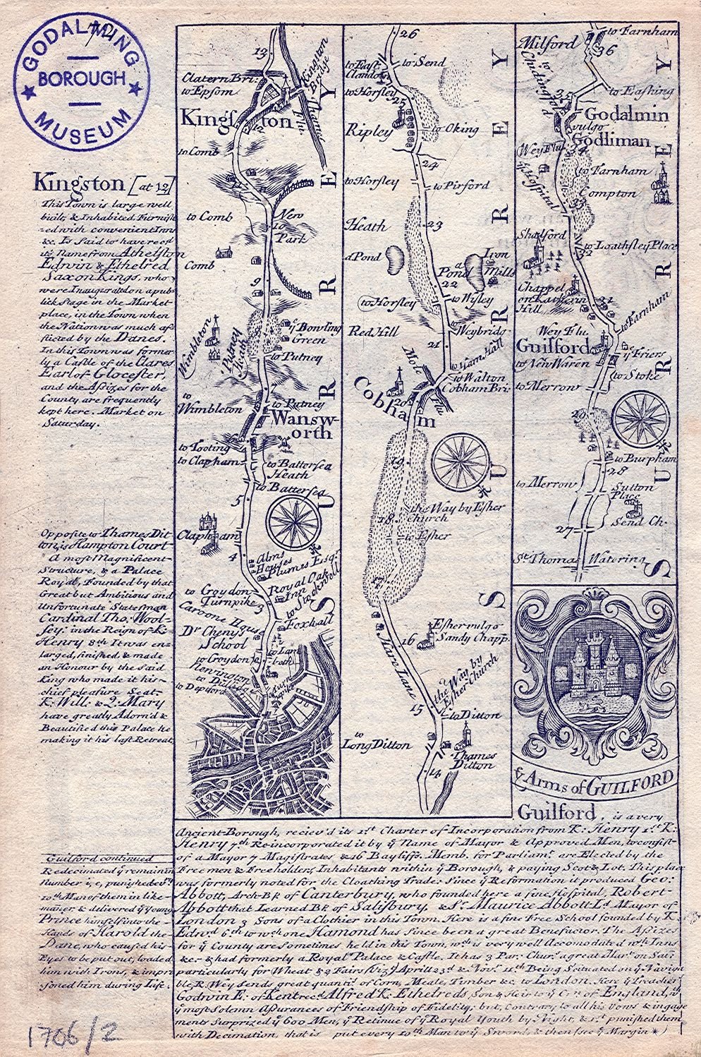Historical map of Kingston, Godalming, and Guilford with town legends, roads, landmarks, and decorative elements from the early 18th century.