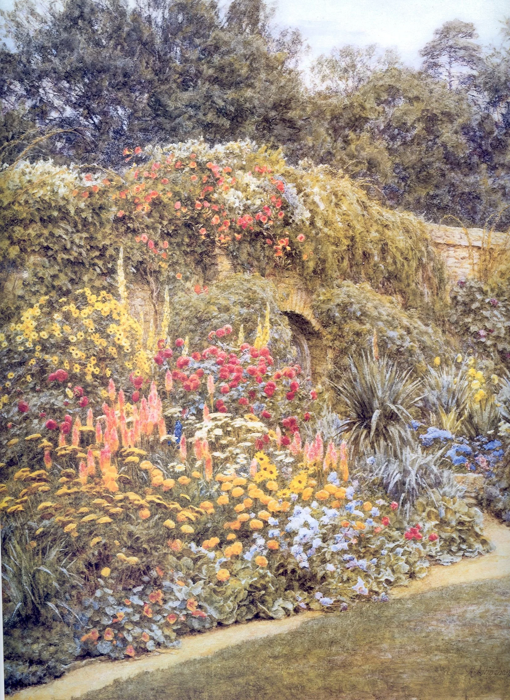 A painting of a lush garden with various flowers including yellow, red, and purple blooms, surrounded by greenery and bushes, with a stone wall and trees in the background.