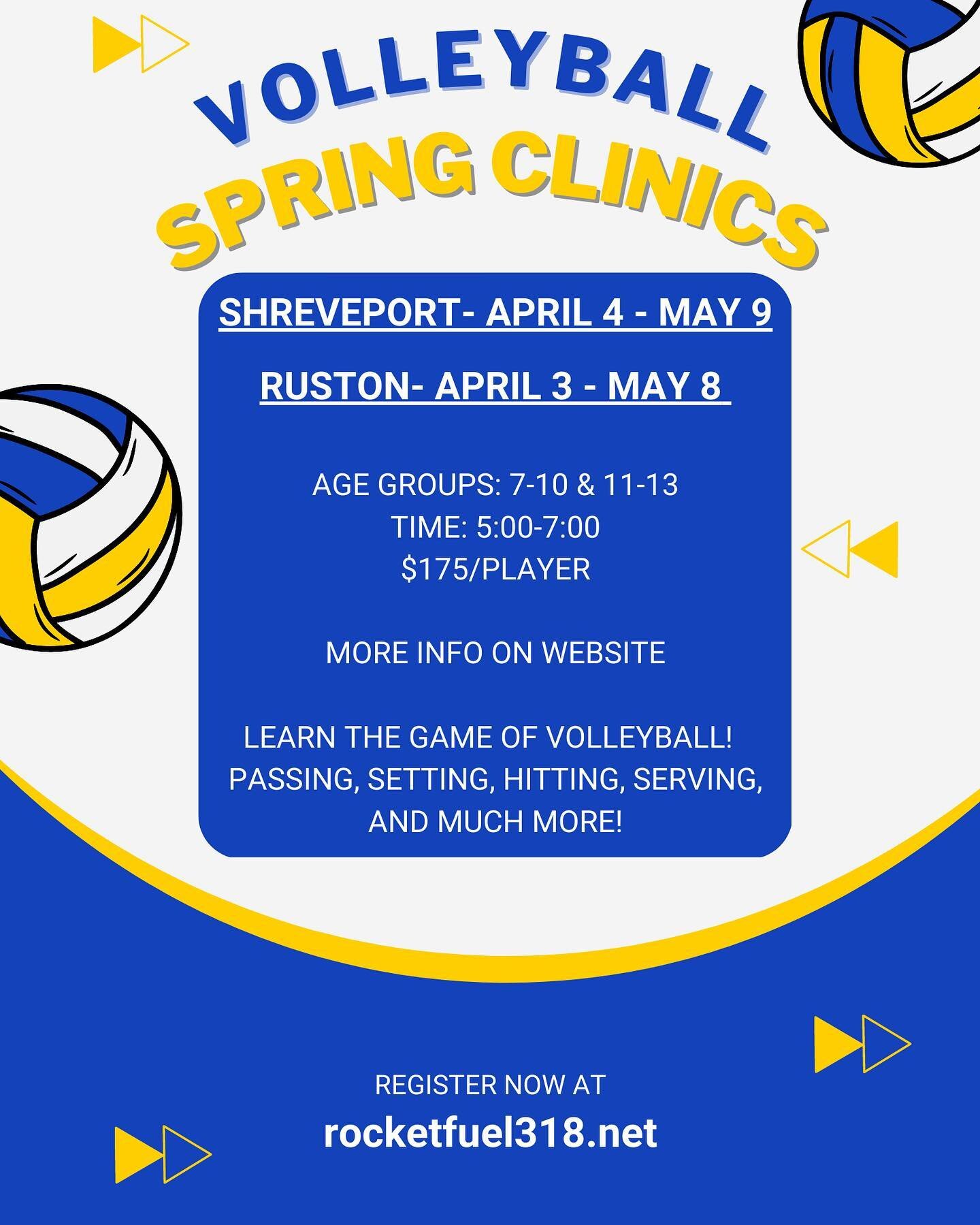 Our Ruston Spring Clinic started today from 5-7pm! 
Our Shreveport Spring Clinic starts tomorrow from 5-7pm! 
Registration is still open, click the link below! ❤🏐
https://www.rocketfuel318.net/camps-and-clinics