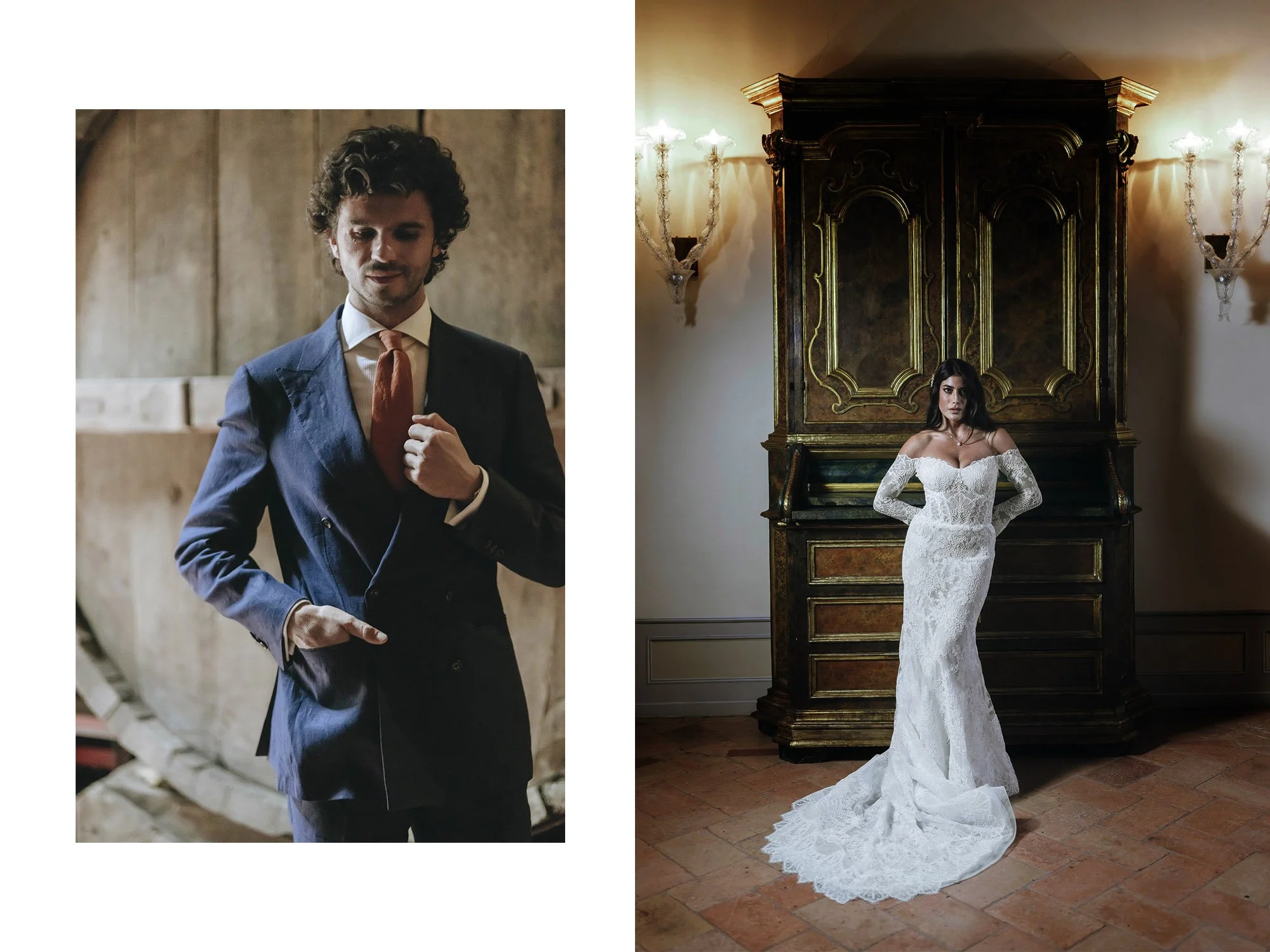 A man in a dark suit with a red tie, standing indoors, adjusting his suit. A woman in a white lace off-shoulder wedding dress, standing in front of an antique wooden cabinet, with a serious expression.
