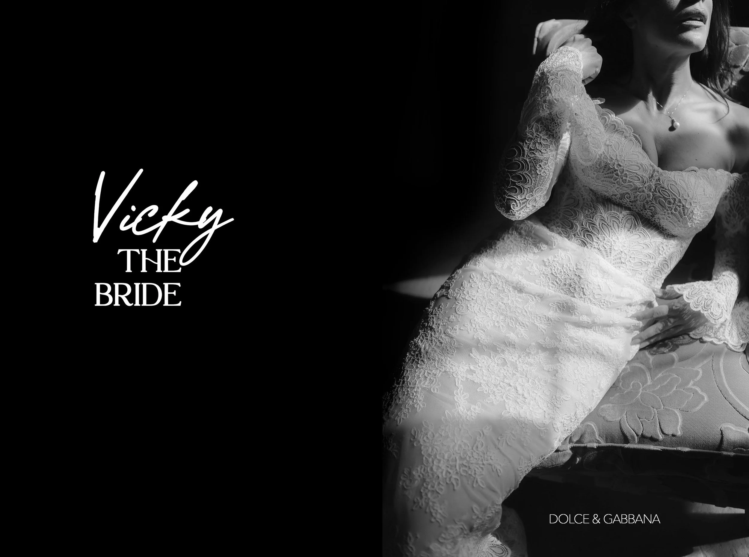Black and white promotional image for the movie "Vicky the Bride" featuring a woman in a lace wedding dress sitting on a floral-patterned chair, with part of her face and upper body visible.
