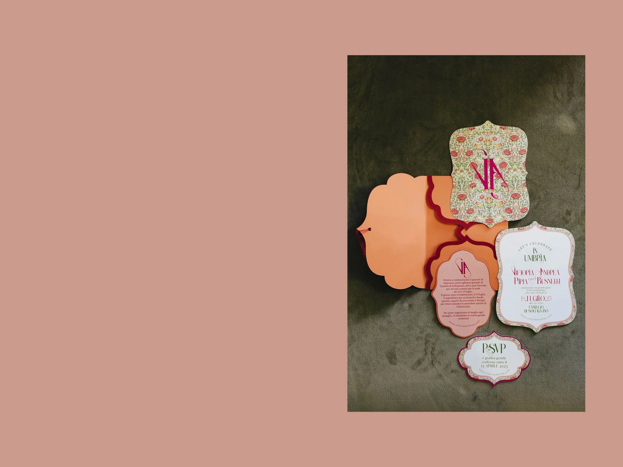 Set of colorful wedding invitations and RSVP card with floral and elegant designs.