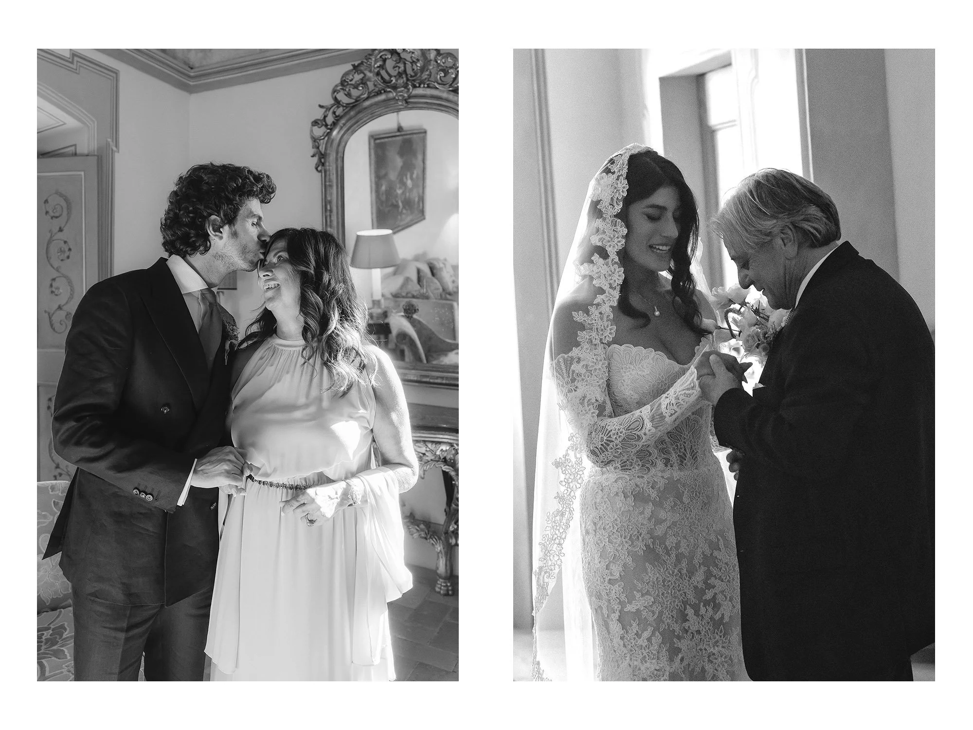 Two black and white photos of wedding moments. The left shows a groom kissing the bride's forehead inside a decorated room. The right shows a bride and an older man holding hands in front of a window, with the bride smiling in a lace wedding dress an