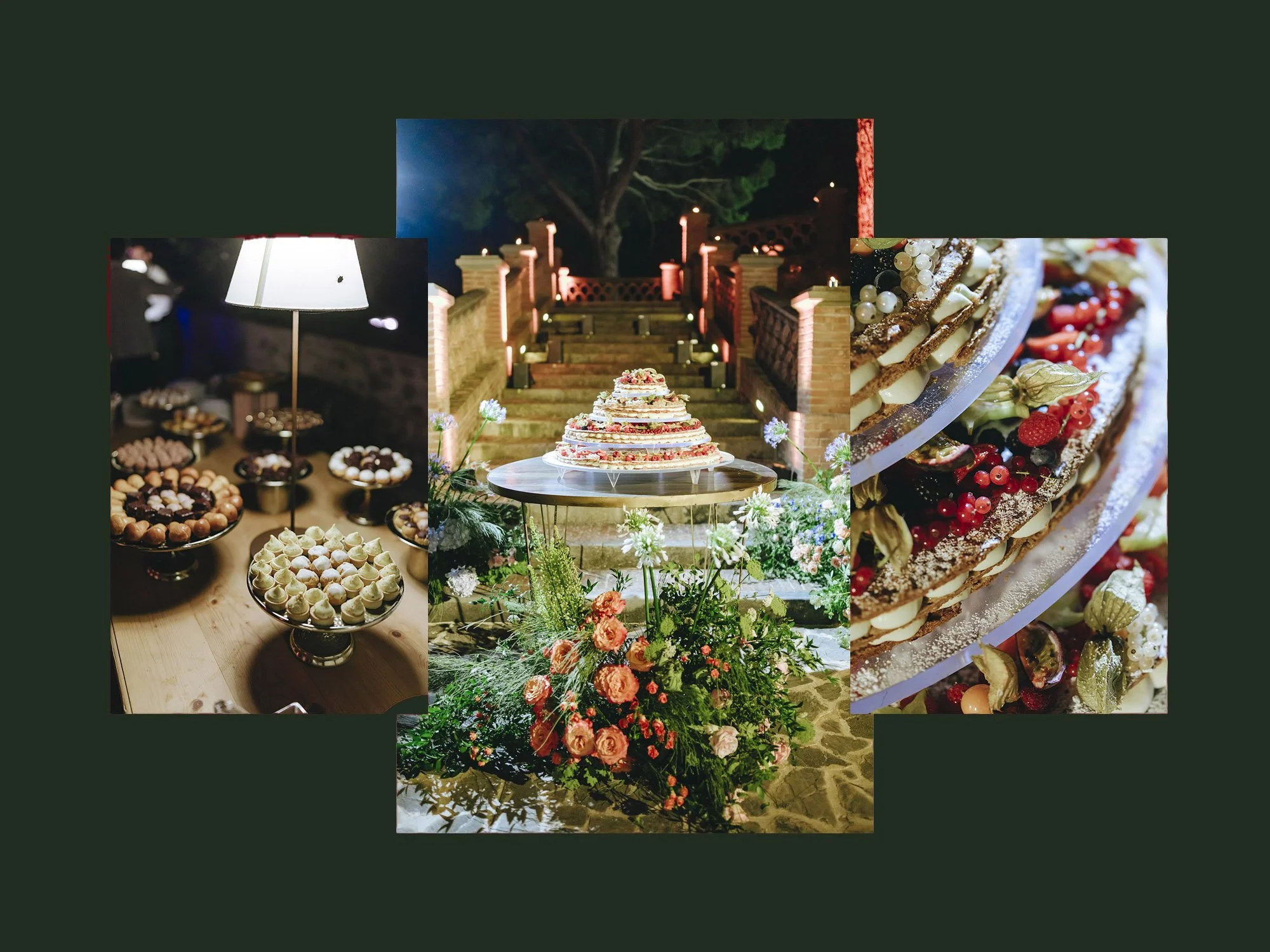 Three photos of desserts and an outdoor birthday celebration with a tiered cake on a table, surrounded by flowers, at night.