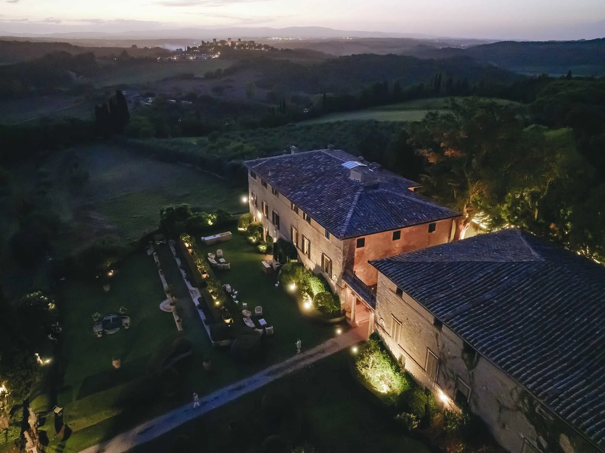 Aerial view of Borgo Stomennano by night
