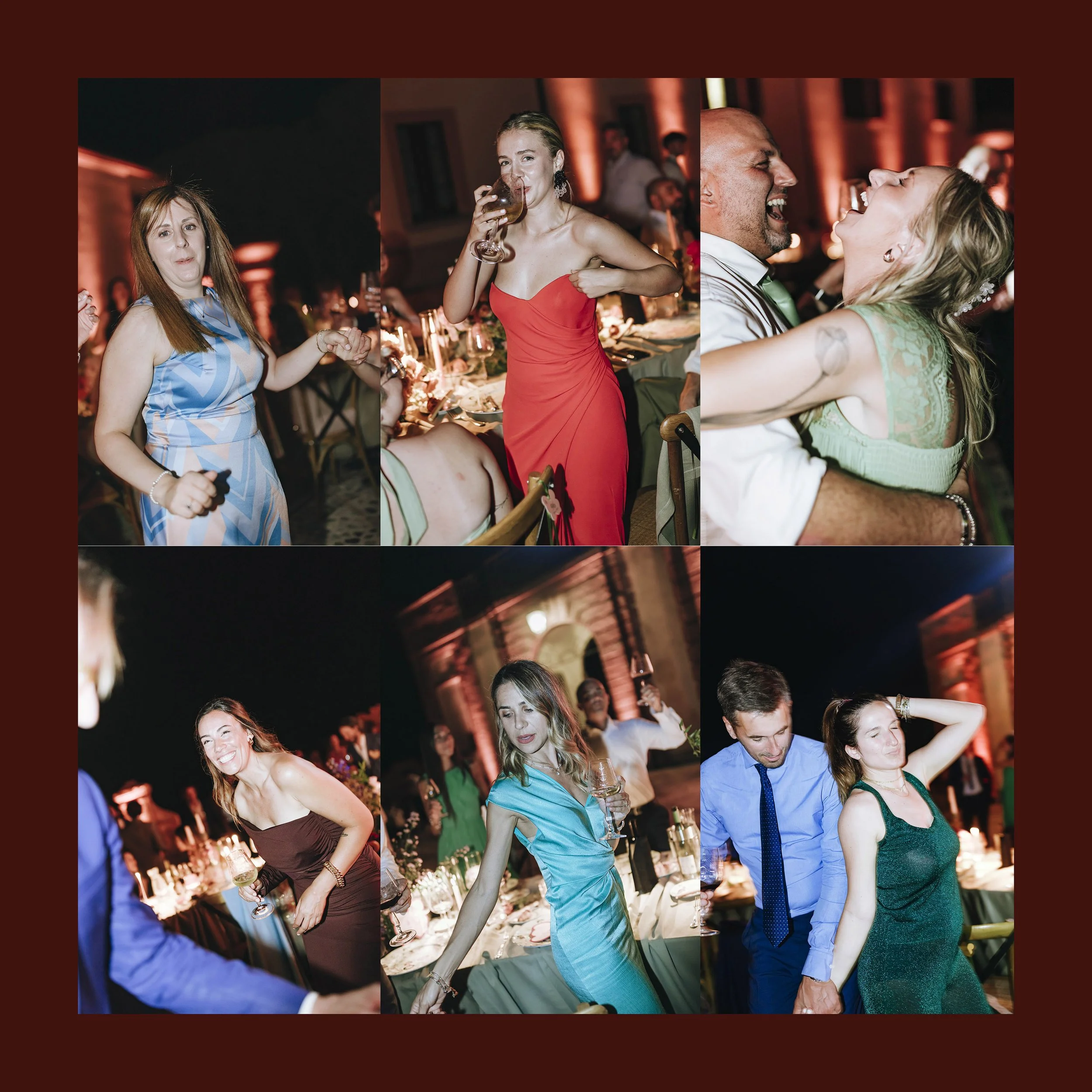 Six photos of people dancing and celebrating at a nighttime party or wedding reception with warm lighting and decorated tables.