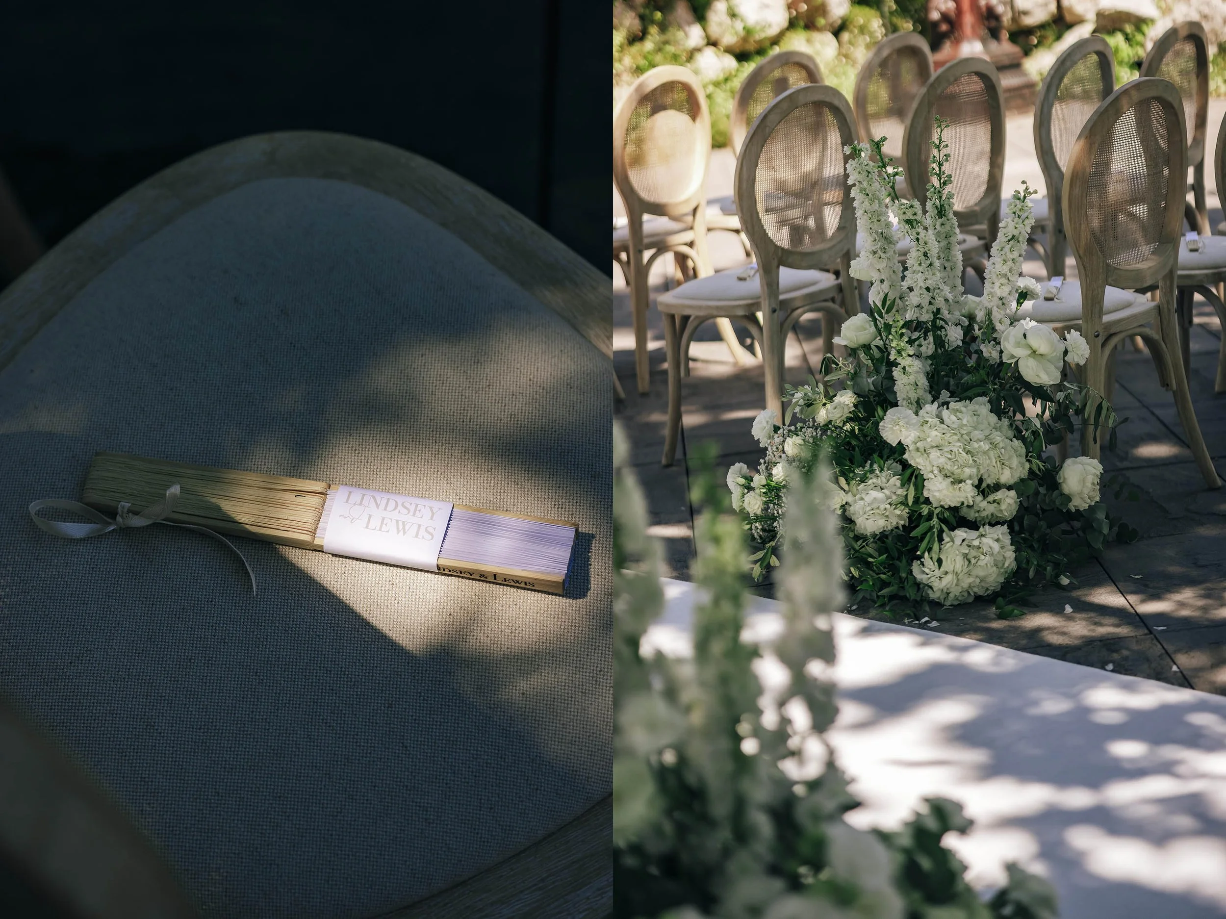 split photo of the accessories and details at the wedding ceremony area