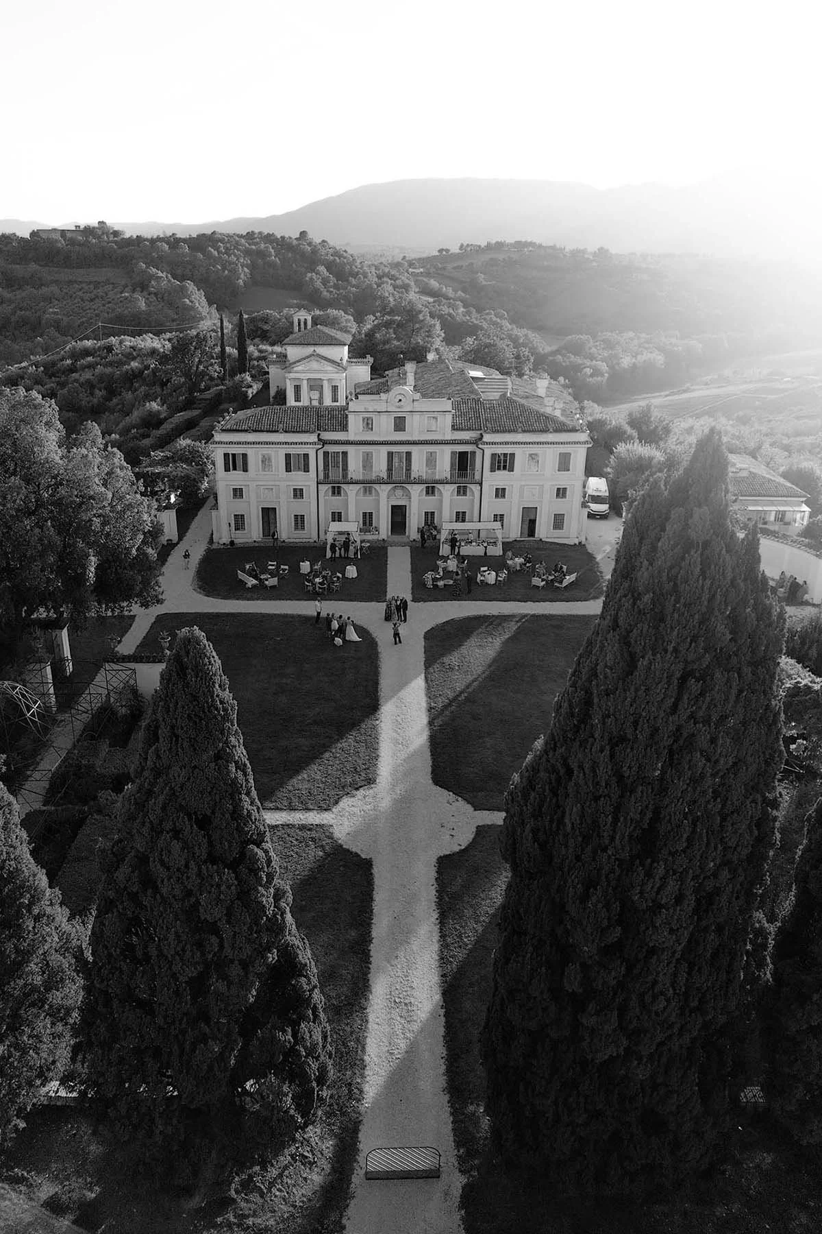 aerial view of VIlla Pianciani in Umbria during a wedding