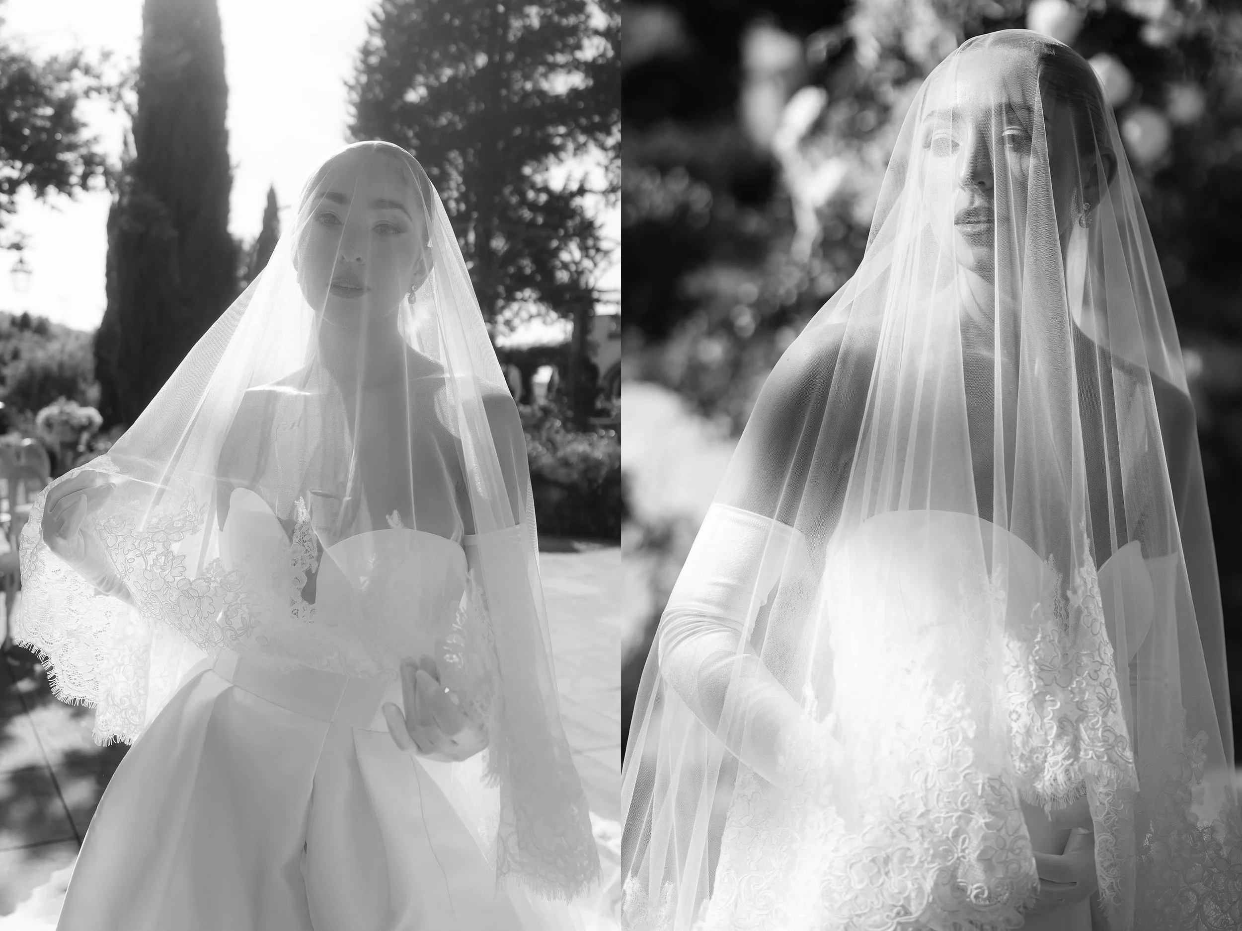 the bride looking at the camera under the veil