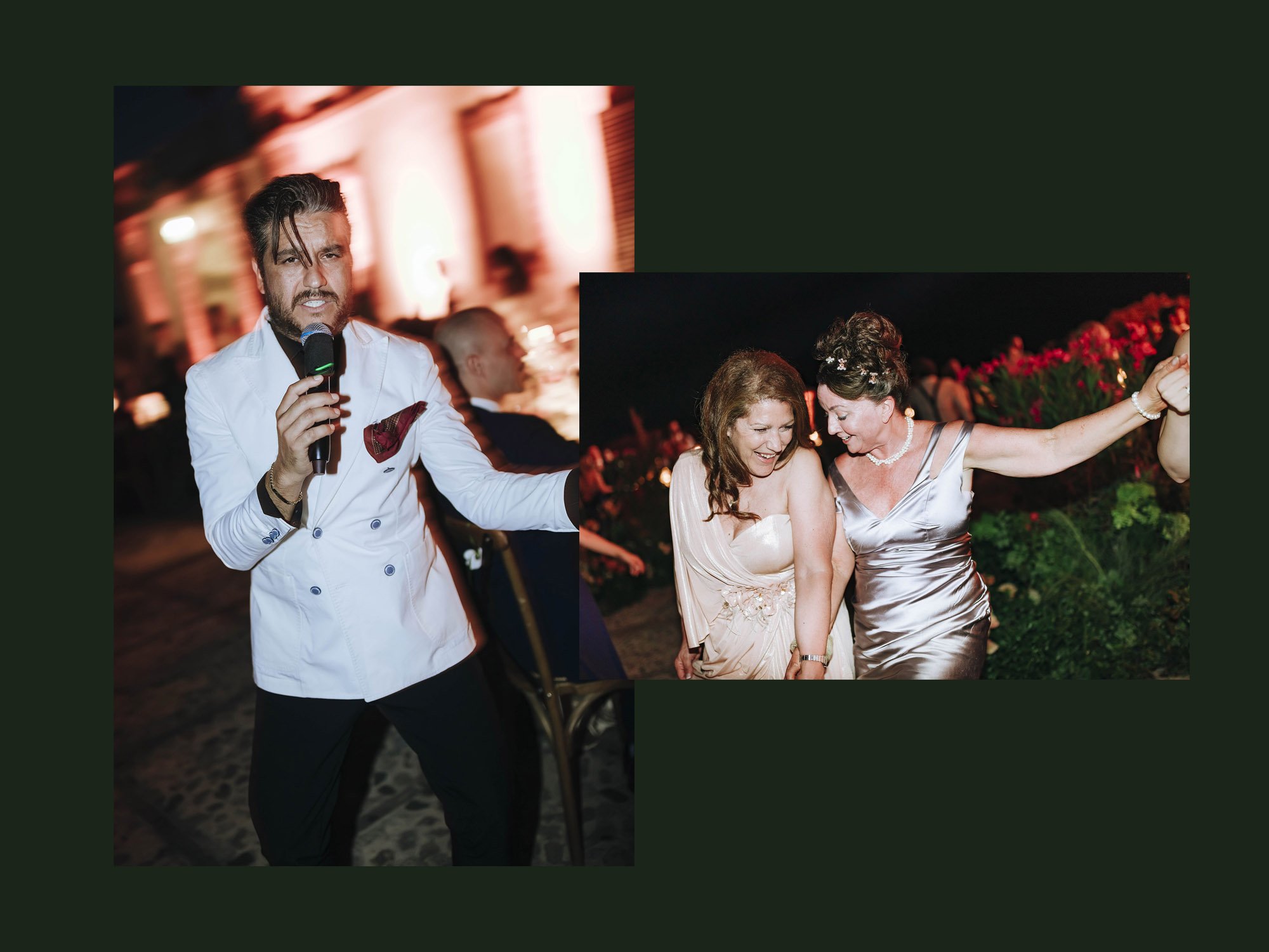 Man in a white suit speaking into a microphone at a formal event with people in the background. Two women dancing and laughing at an outdoor evening celebration with flowers behind them.