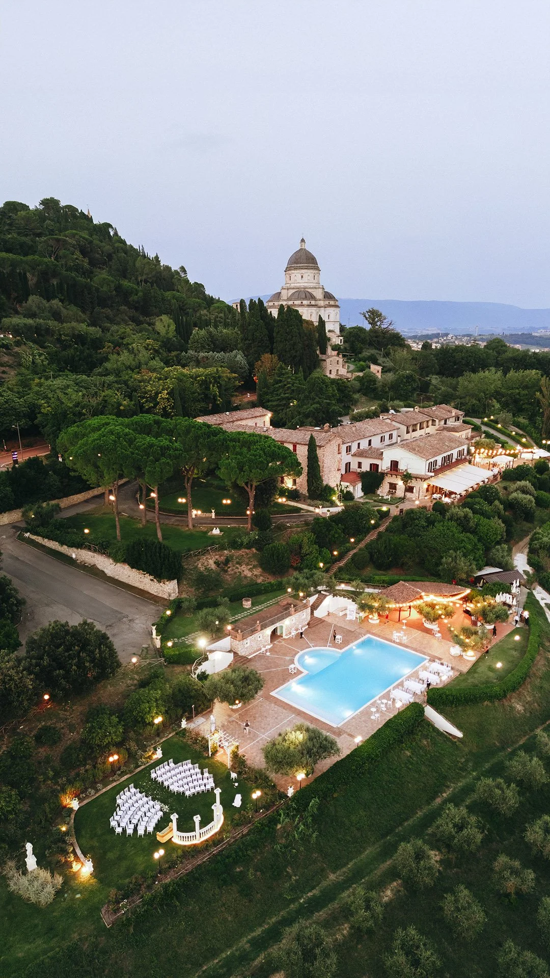 aerial view of the wedding venue with Todi in the background