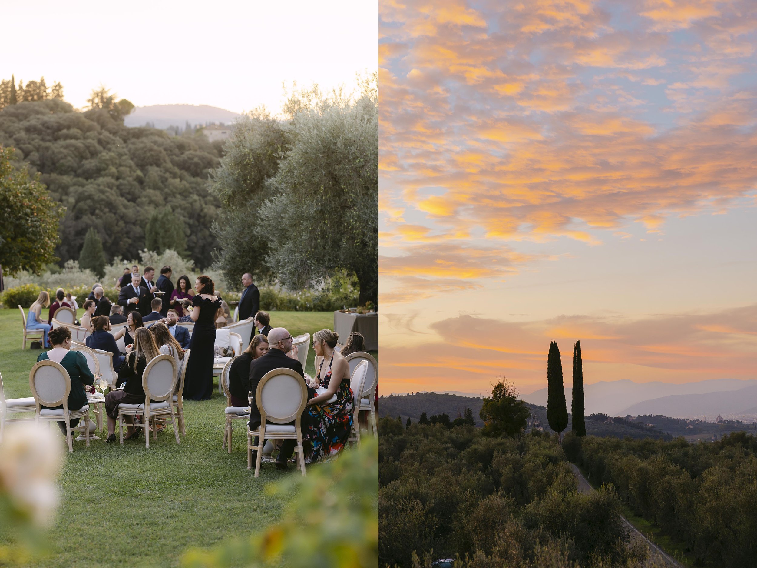 Photo of the guests seated during the cocktail and a colorful sky over the cypresses