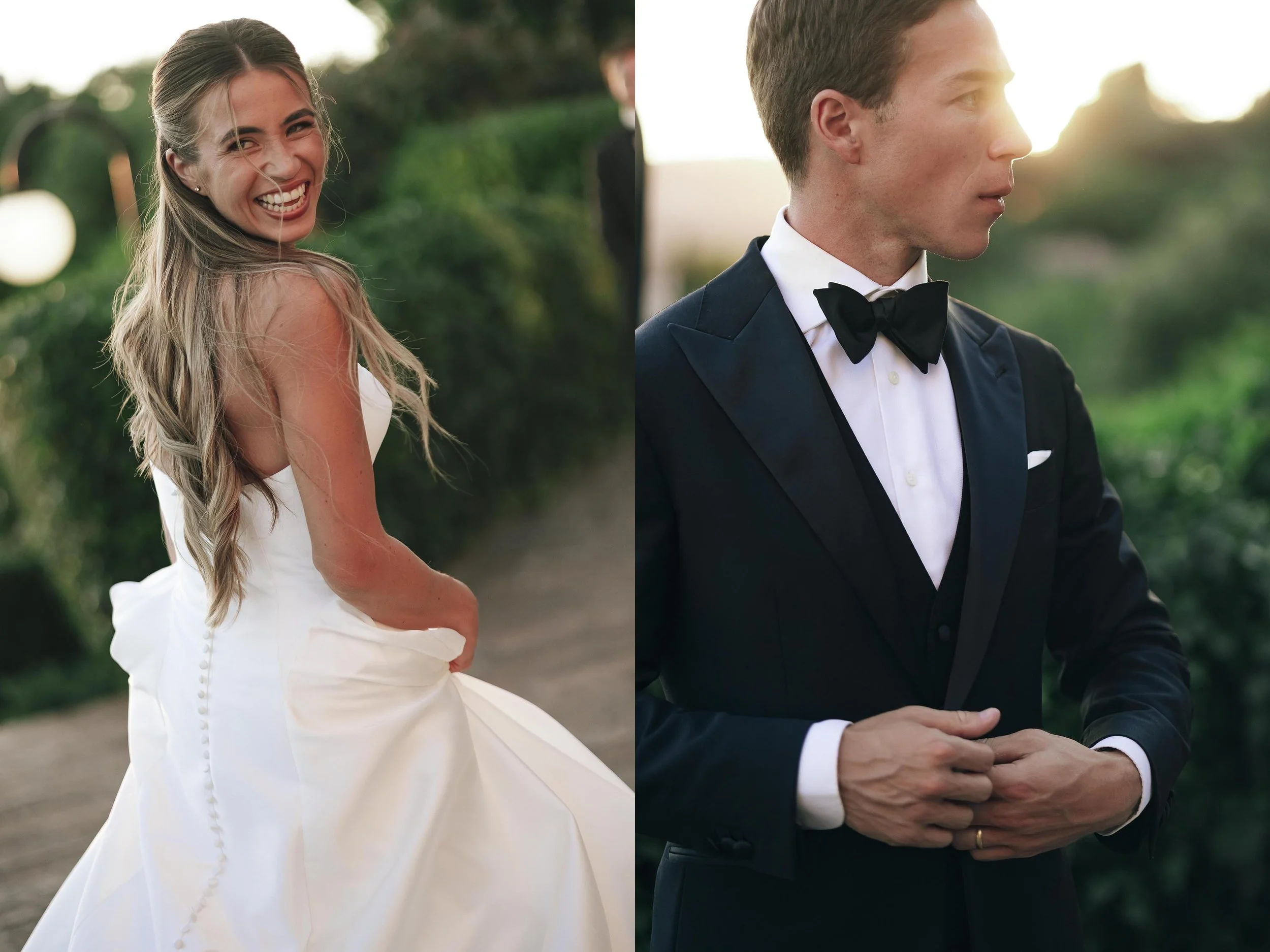 split photo of bride and groom looking at each other with a golden light of the sunset