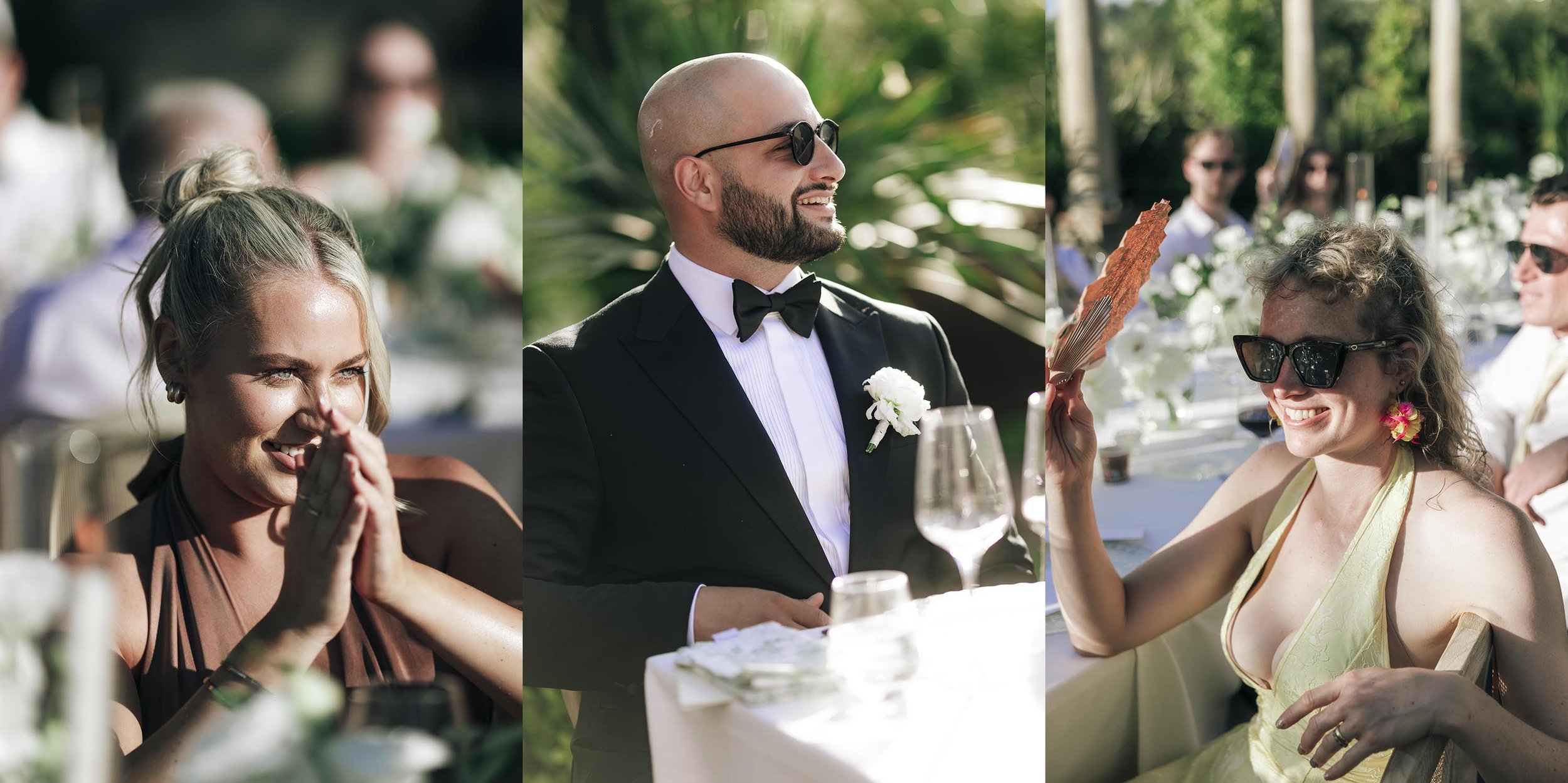 Bride and groom and their guests having fun during the speeches by the tables