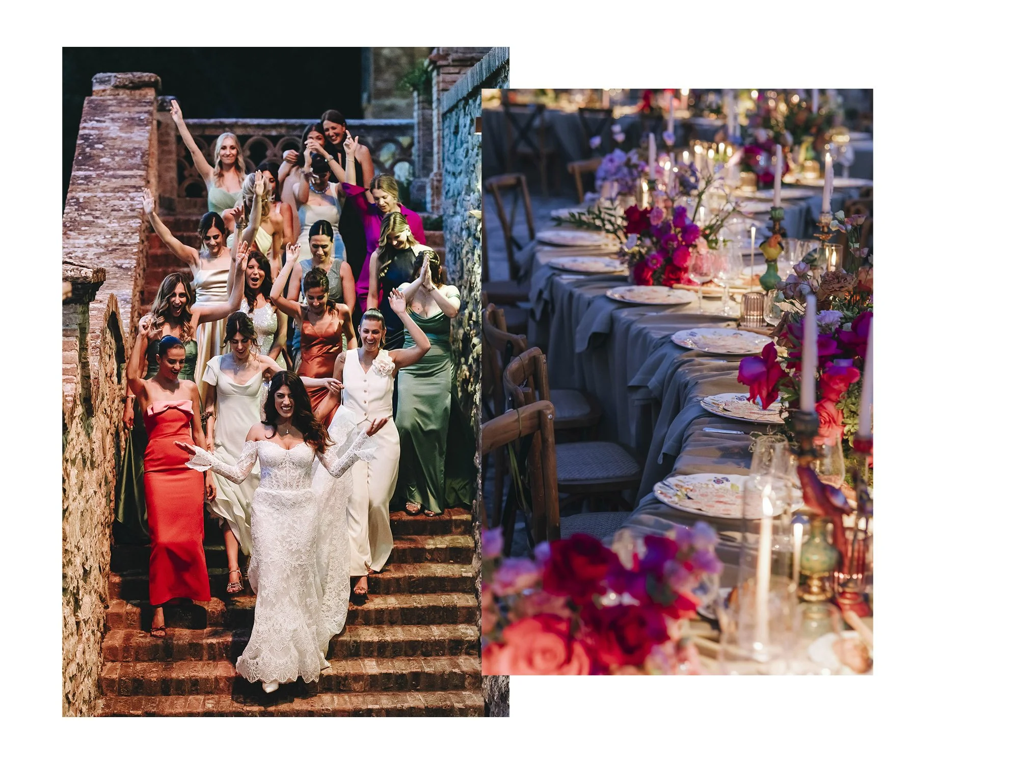 Wedding celebration at a stone staircase with women in colorful dresses dancing and celebrating, alongside a long table decorated with flowers and candles for a formal dinner.