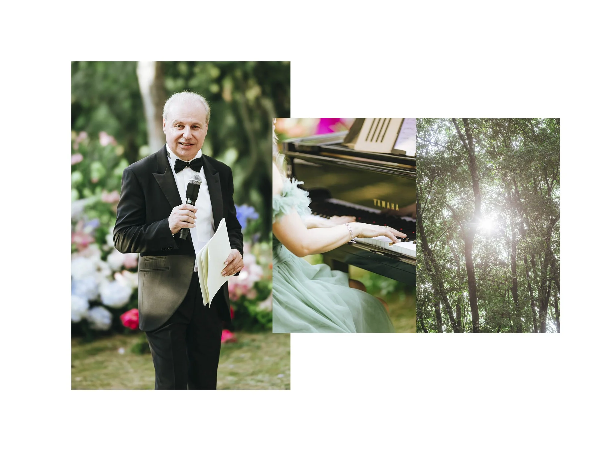 A man in a tuxedo holding a microphone, a person playing a piano outdoors, and sunlight shining through trees in a forest.
