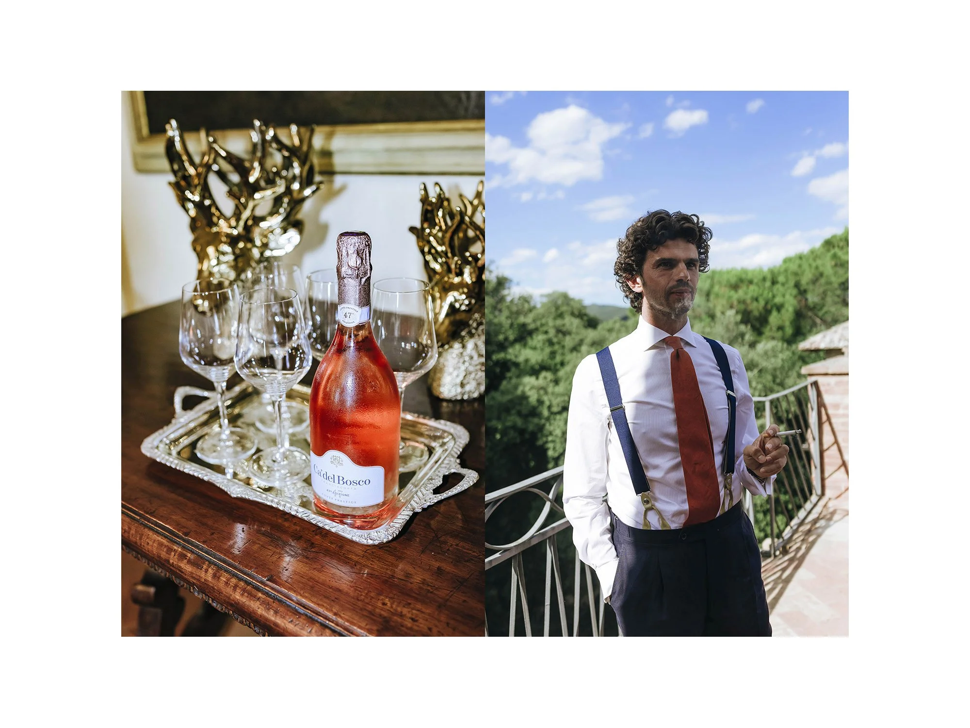 A split image showing a bottle of rosé wine with glasses on a wooden table on the left, and a man in a white shirt, red tie, and suspenders standing on a balcony with green trees and blue sky on the right.