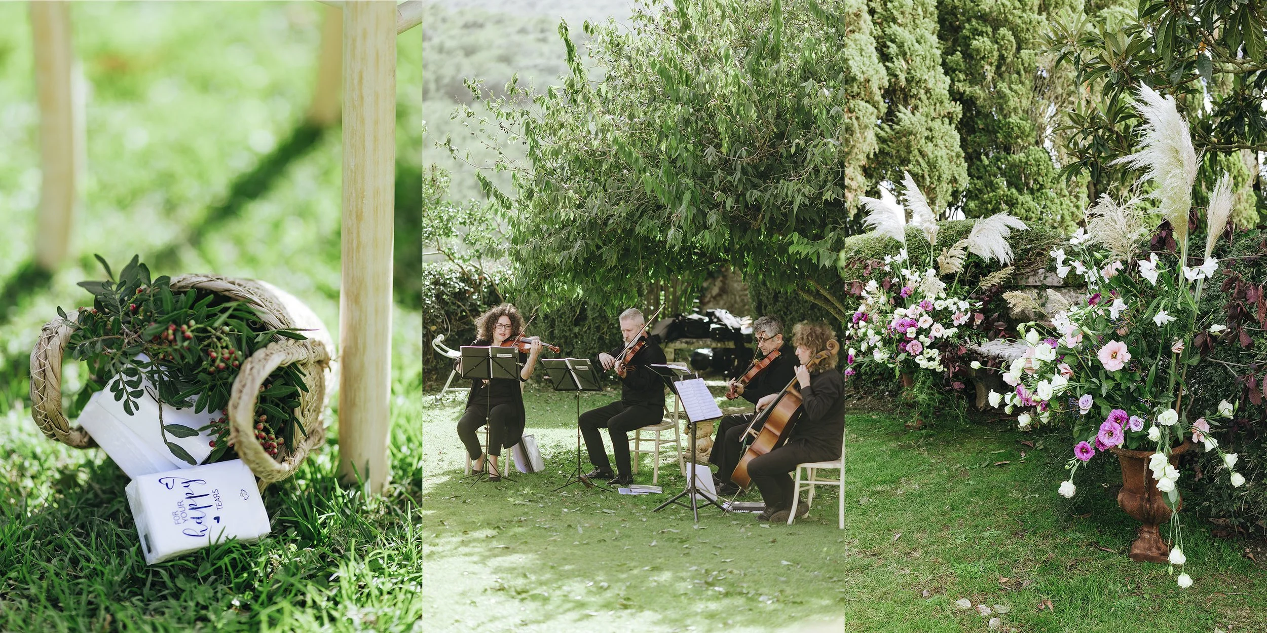 decor and flowers and music players before the ceremony at Borgo Stomennano