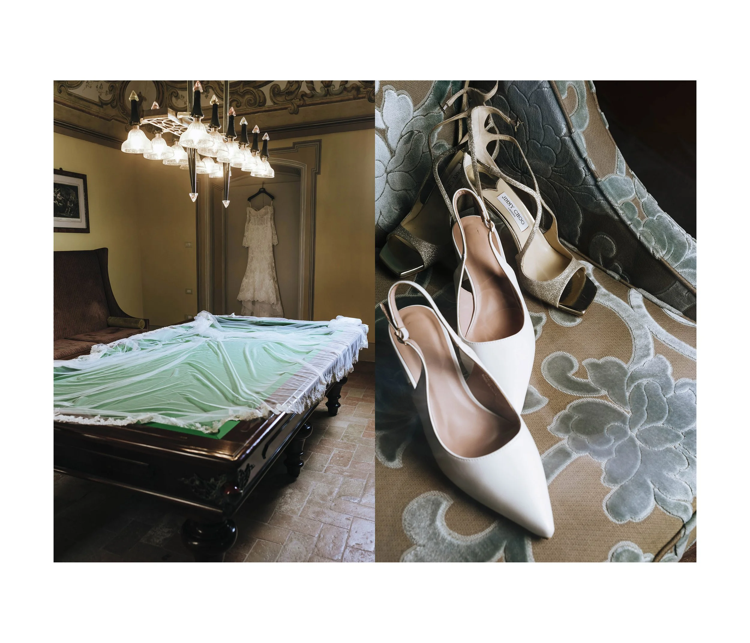 A wedding dress on a hanger on the wall, a bed with a green cover, and two pairs of high-heeled shoes, one white and one gold, on a patterned fabric surface.