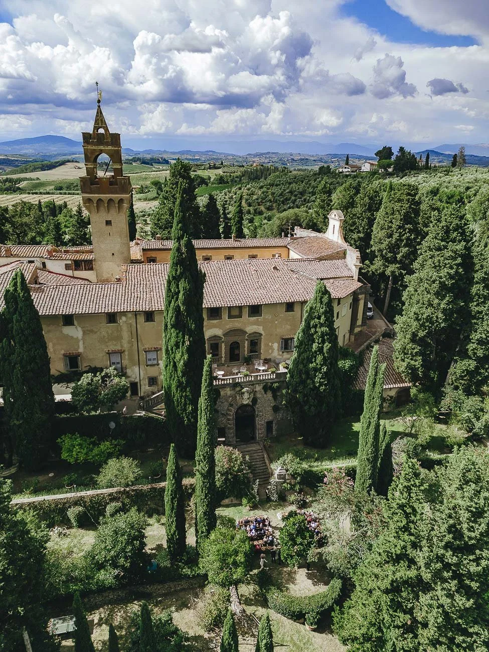 Aerial view of Castello di Montegufoni before the ceremony