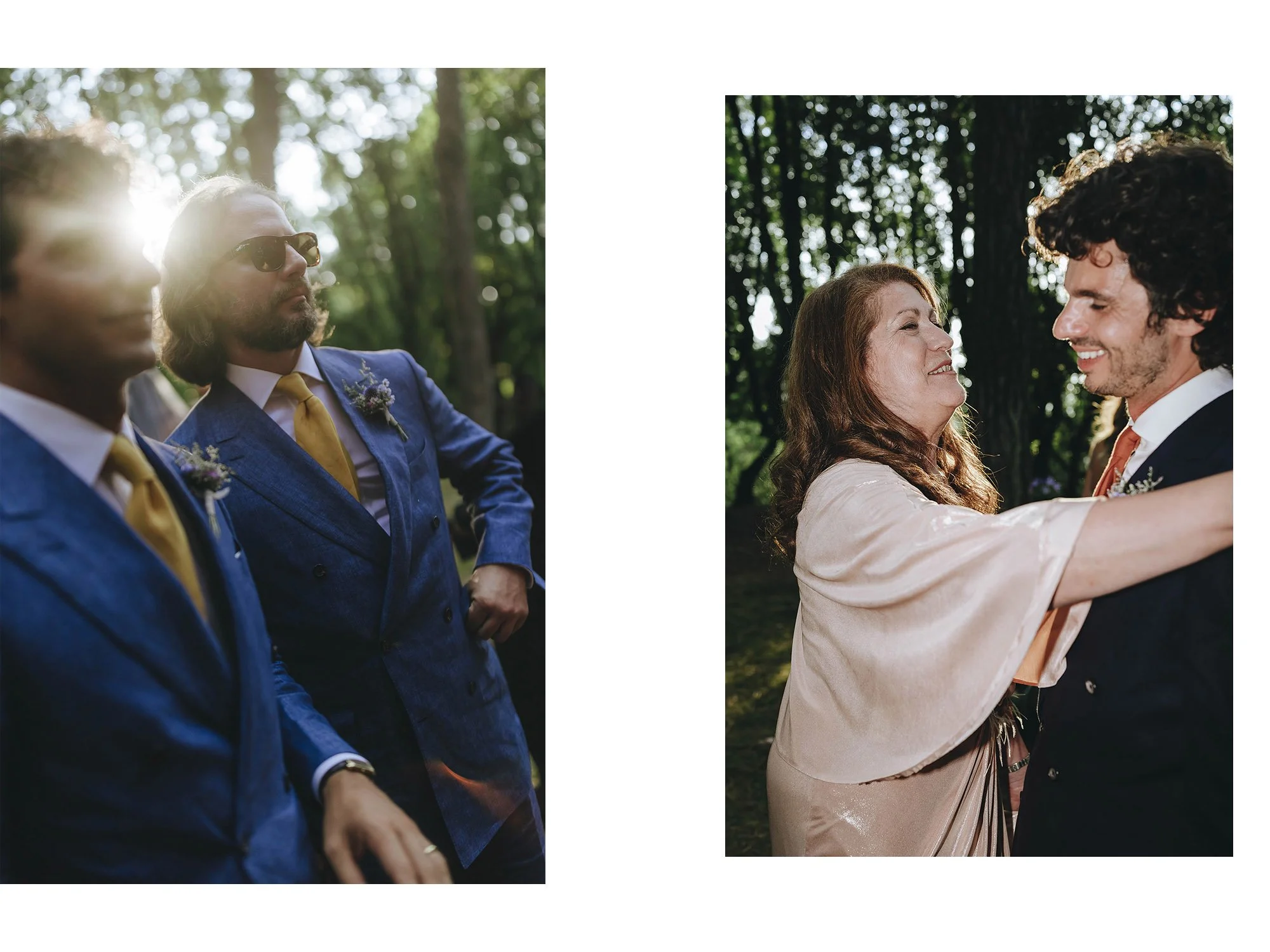 Group of people at outdoor wedding, men in blue suits with yellow ties, woman with brown hair in pale dress dancing with man in black suit.
