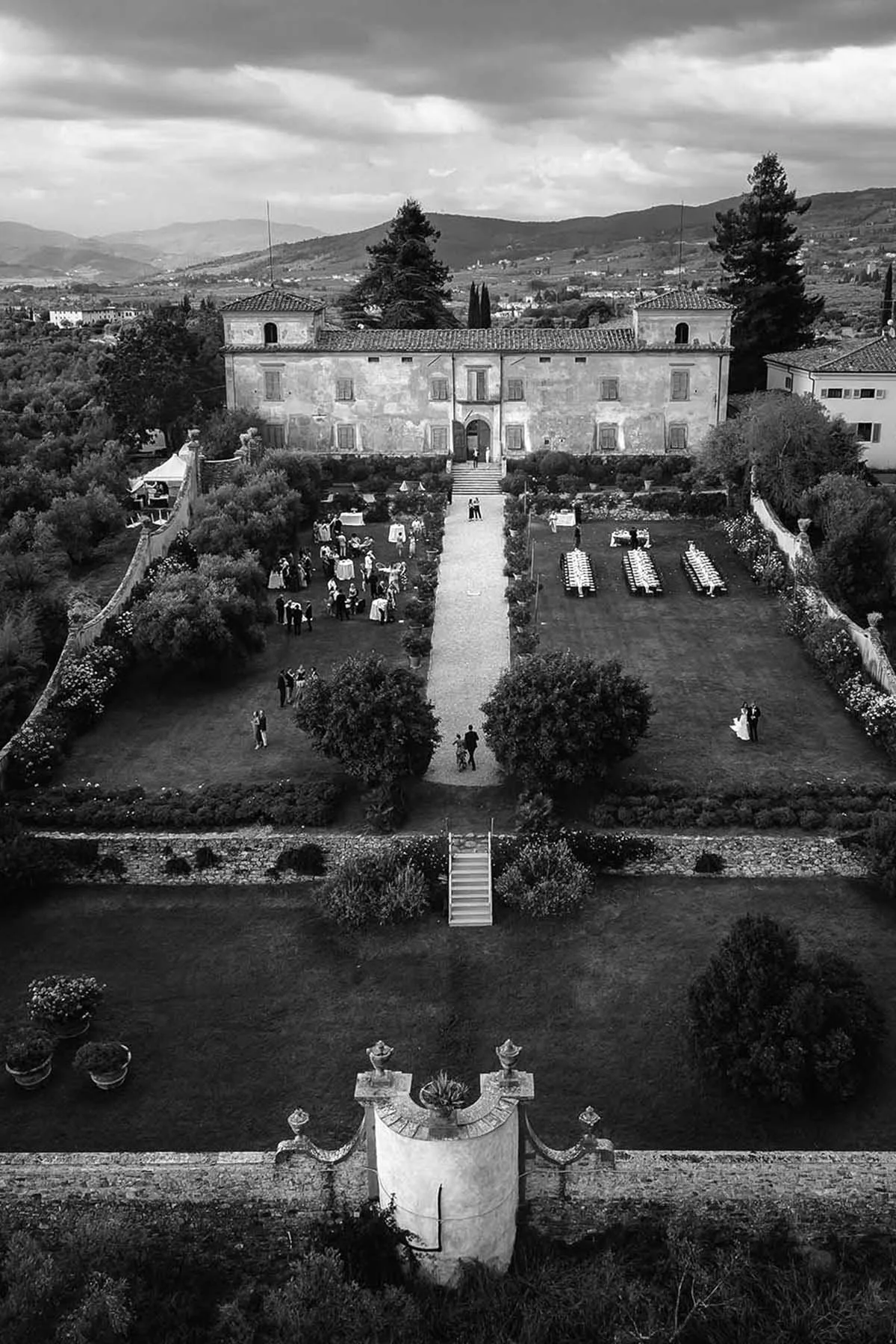 Aerial view of Villa Medicea di Lilliano in Florence during the cocktail