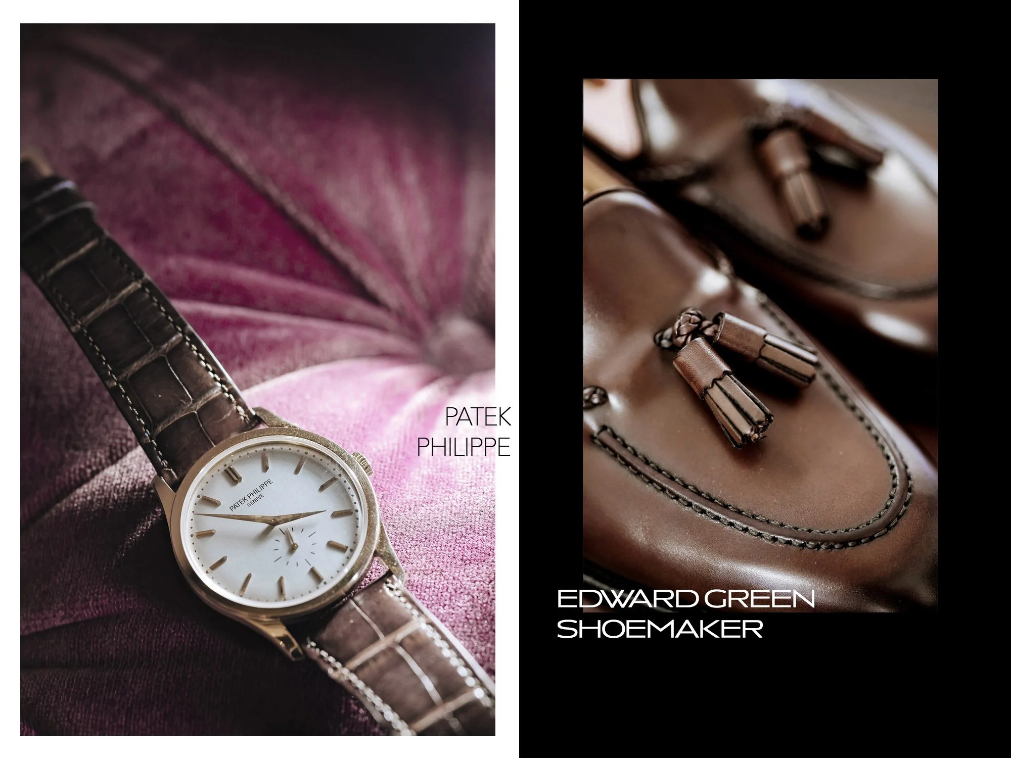 Close-up of a luxury watch with a brown leather strap on a pink velvet surface and a pair of brown leather shoes with zippers on a black background, with text indicating brands Patek Philippe and Edward Green Shoemaker.