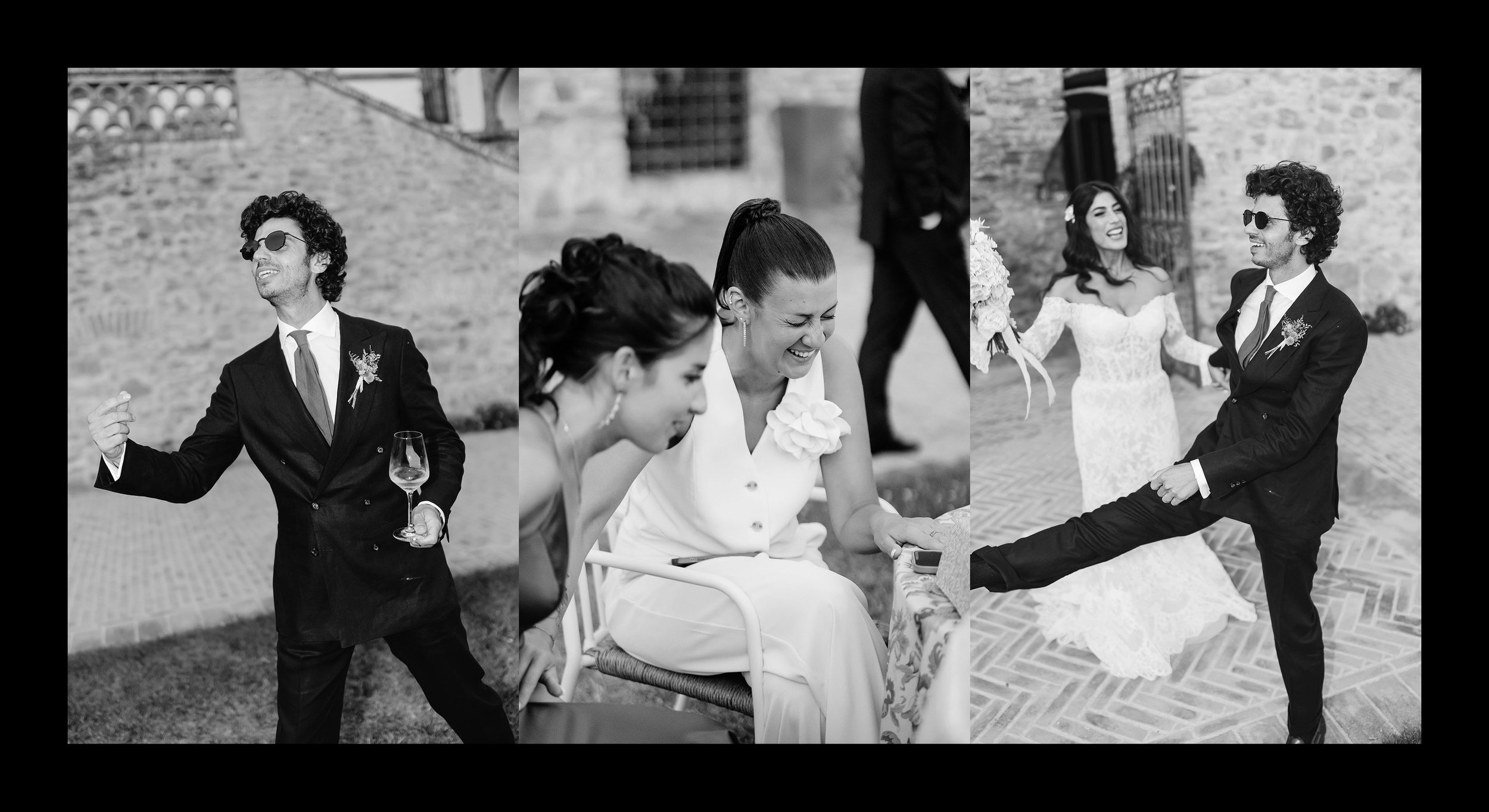 Black and white collage of three wedding photos, featuring a man in sunglasses and a woman in a wedding dress, both dancing and smiling at an outdoor event.