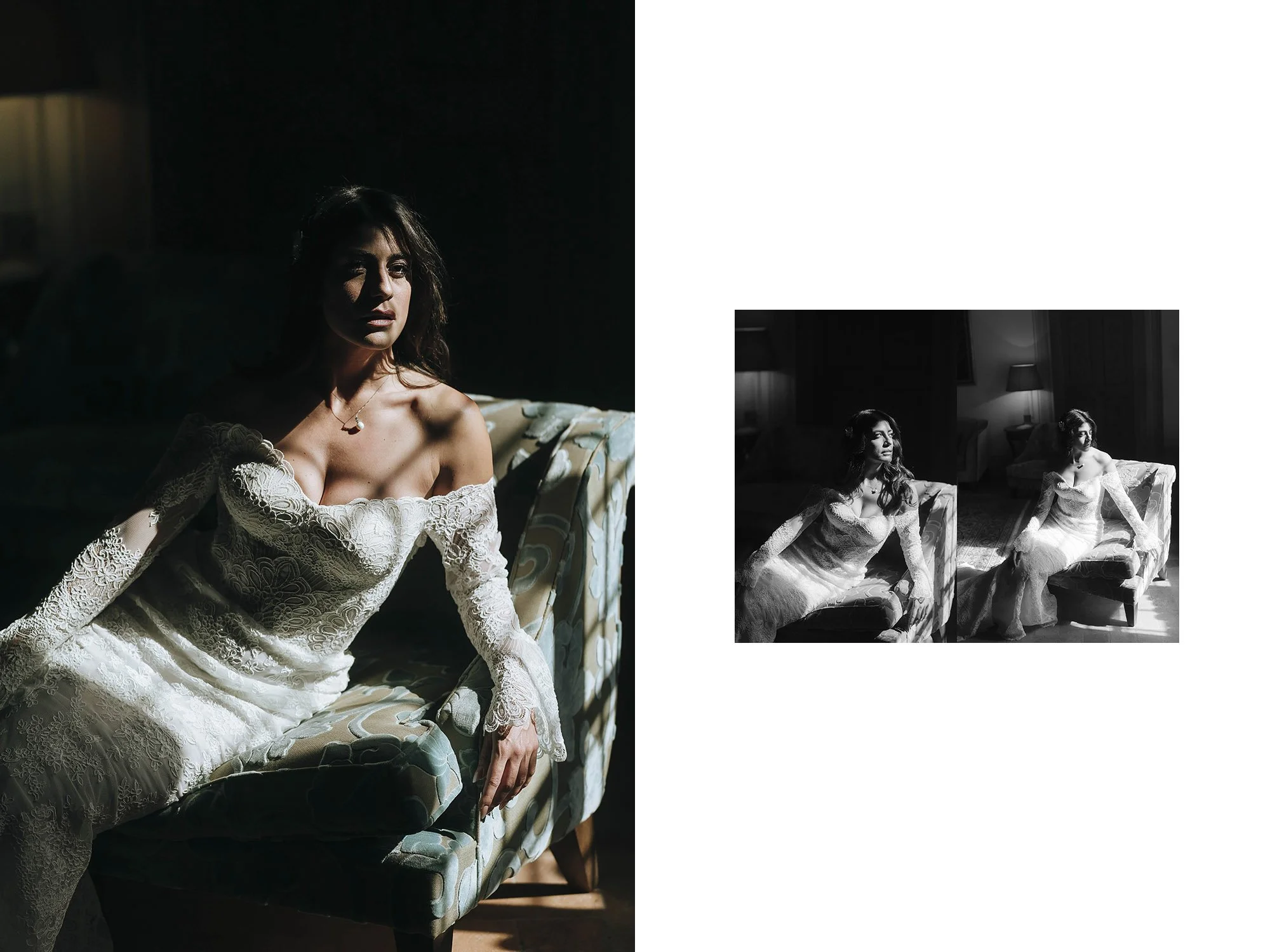 A woman in a white lace off-shoulder dress sitting on a patterned armchair in a dimly lit room, with shadows cast over her face in dramatic lighting.