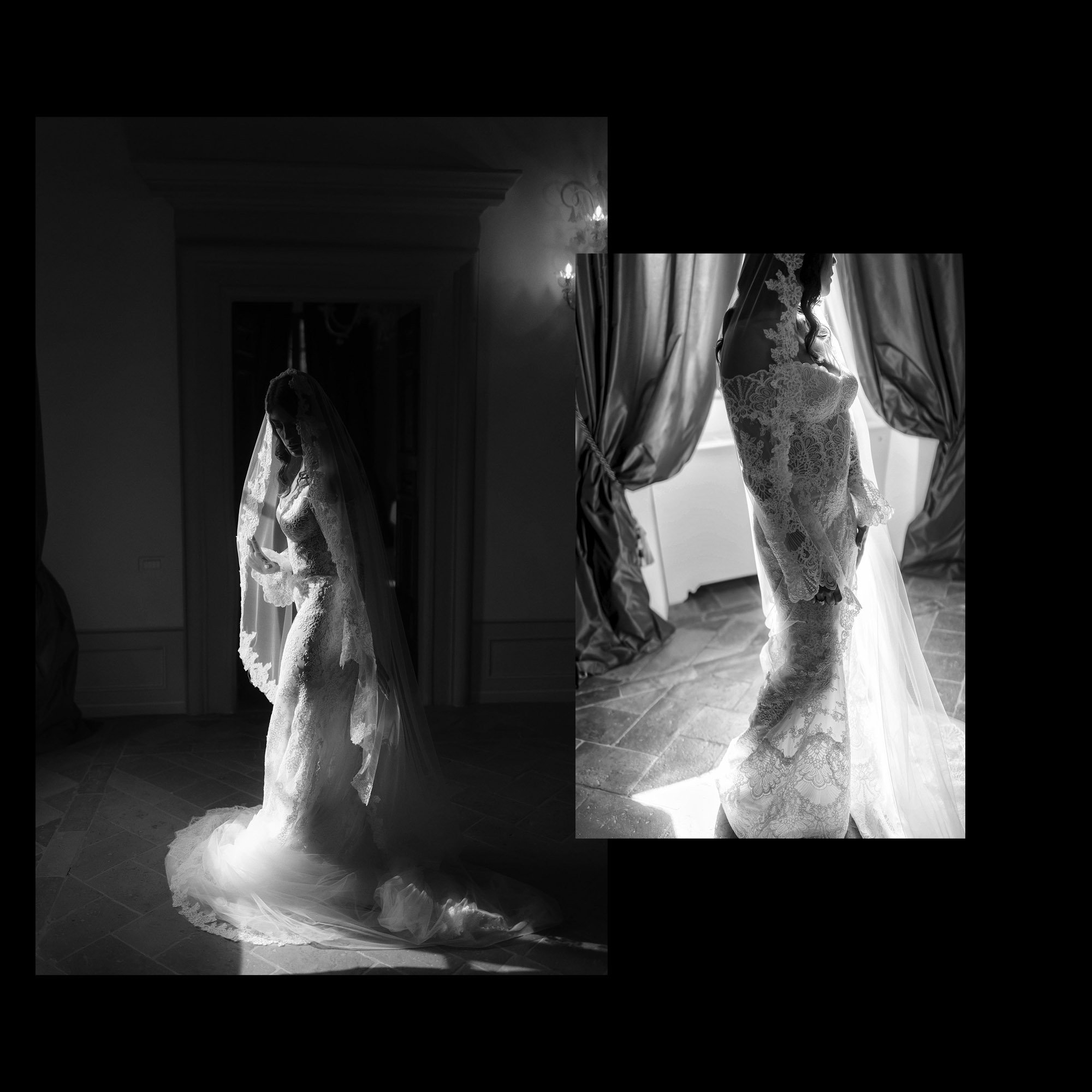 Black and white photo of a bride in a lace wedding dress and veil, standing by a window with curtains, with both images capturing her from the side and front, highlighting her elegant gown and thoughtful pose.