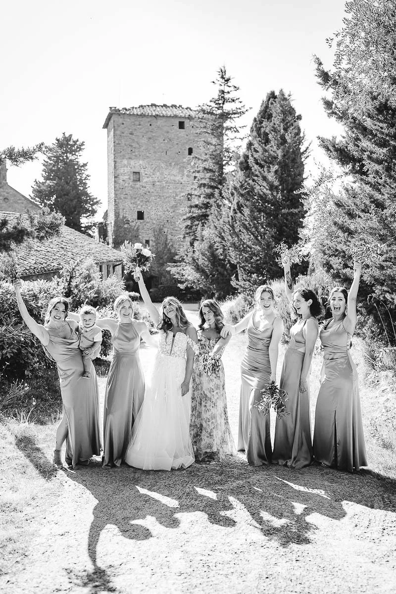 Destination wedding at Ristonchi castle near Florence in Tuscany. the bride with her bridesmaids